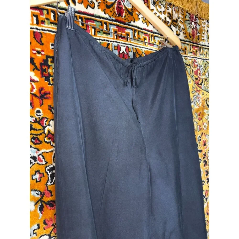 90s Vintage J. Crew Black 100% Silk Wide Leg Pants Drawstring Waist size M